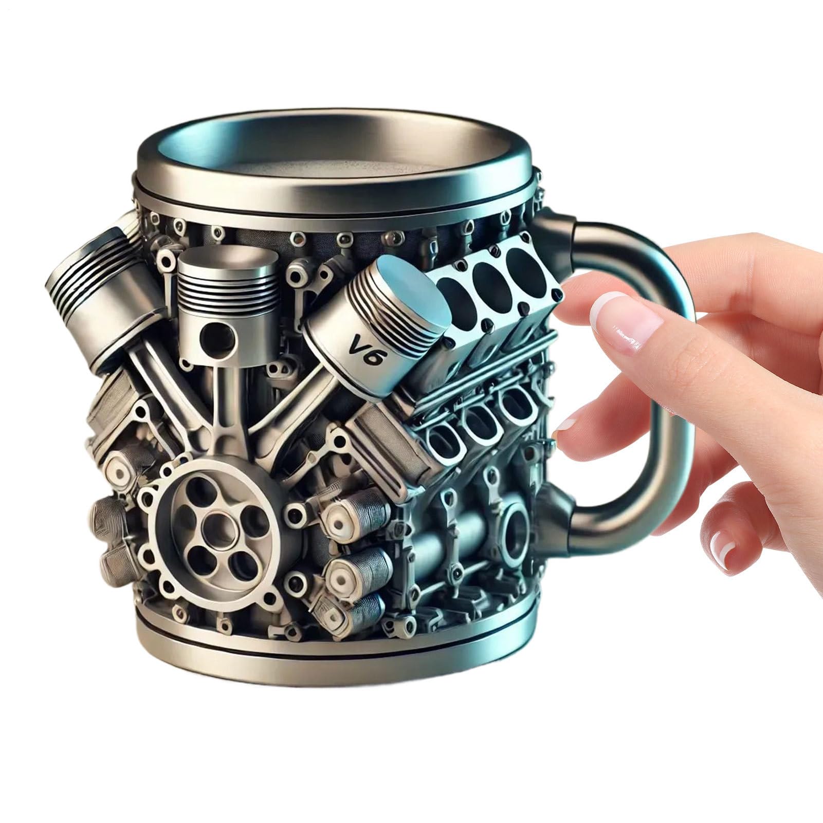 Taza de acero inoxidable con diseño de motor para café en la oficina