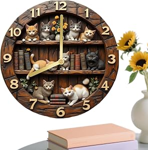Cat Wall Clock, Cat-Themed Retro Wall Clock, 11.81 Inch Cats Theme Wooden Decoration for Home Living Room Bedroom Farmhouse Bar Office Library Study Room