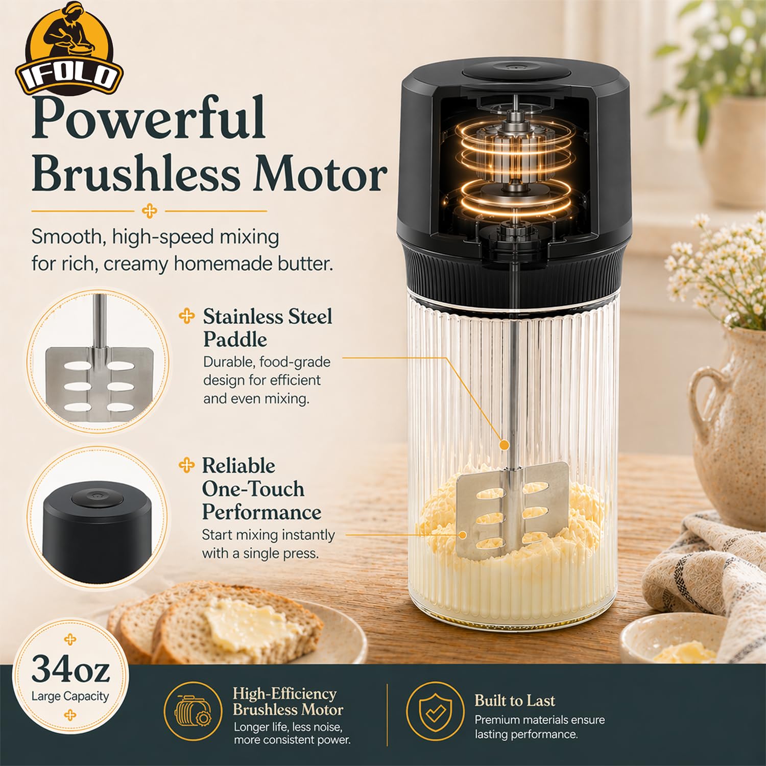 IFOLO Elektrische Butterkanne - One-Touch-Butterbereiter in 5-10 Minuten, 963.9 g Glasbehälter mit bürstenlosem Hochgeschwindigkeitsmotor, Hochgeschwindigkeitsmischung für cremige Ergebnisse