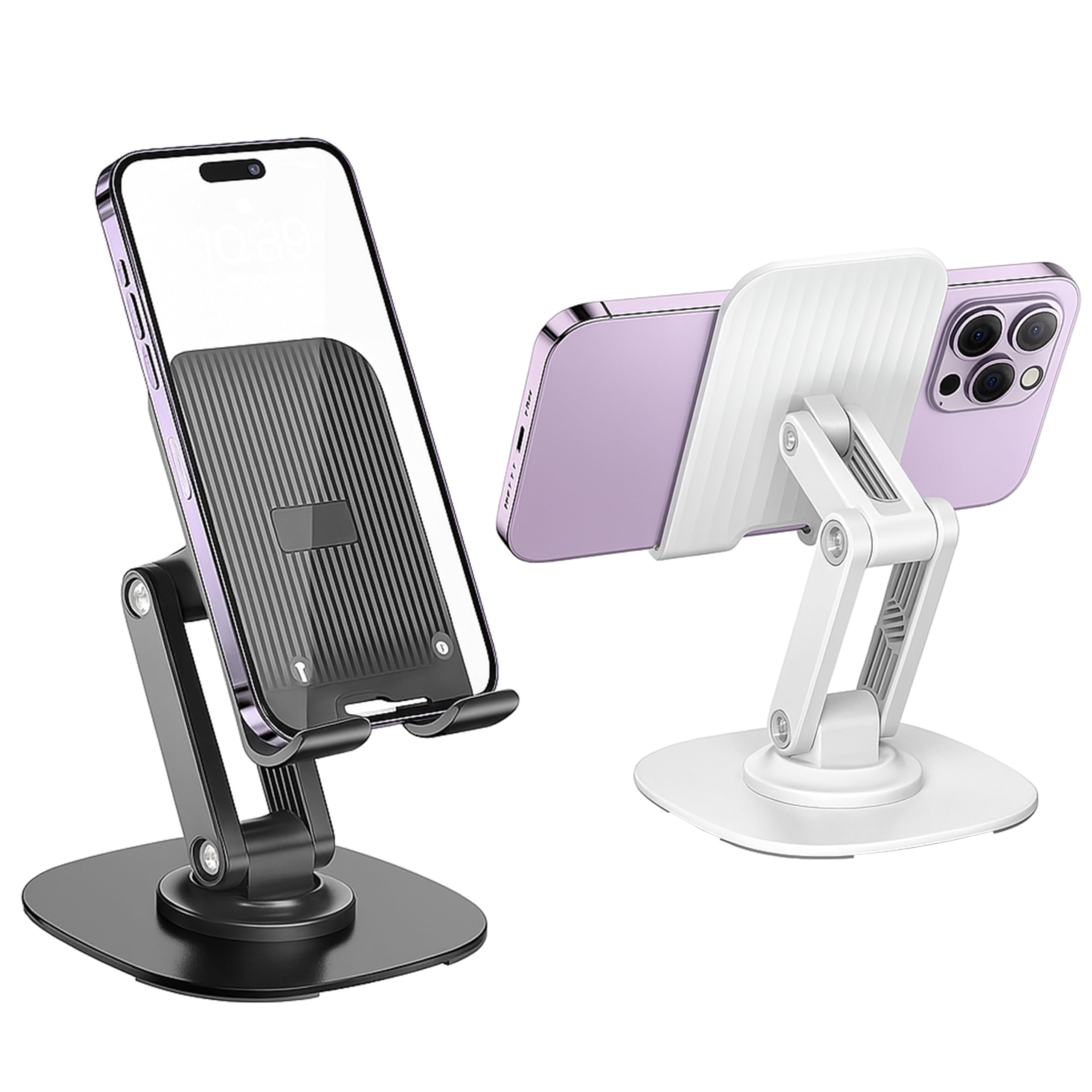 2-Pack Adjustable Phone Stand Foldable 360 Rotating Holder for iPhone Tablet Sturdy ABS Aluminum Alloy Black White