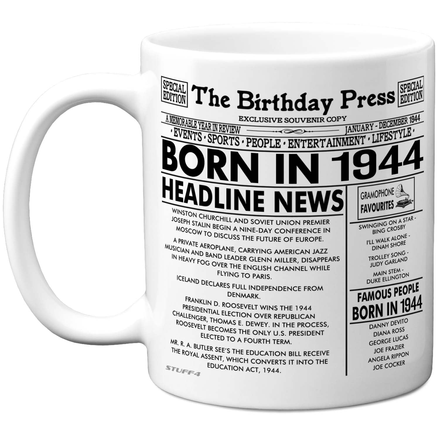 Stuff4 82nd Birthday Mug Gift for Men Women - Born in 1944 Newspaper - Happy 82 Birthday Gifts for Grandad Grandma Nan Vintage Retro Back in 1944 Age 82 Bday, 11oz Ceramic Coffee Mugs