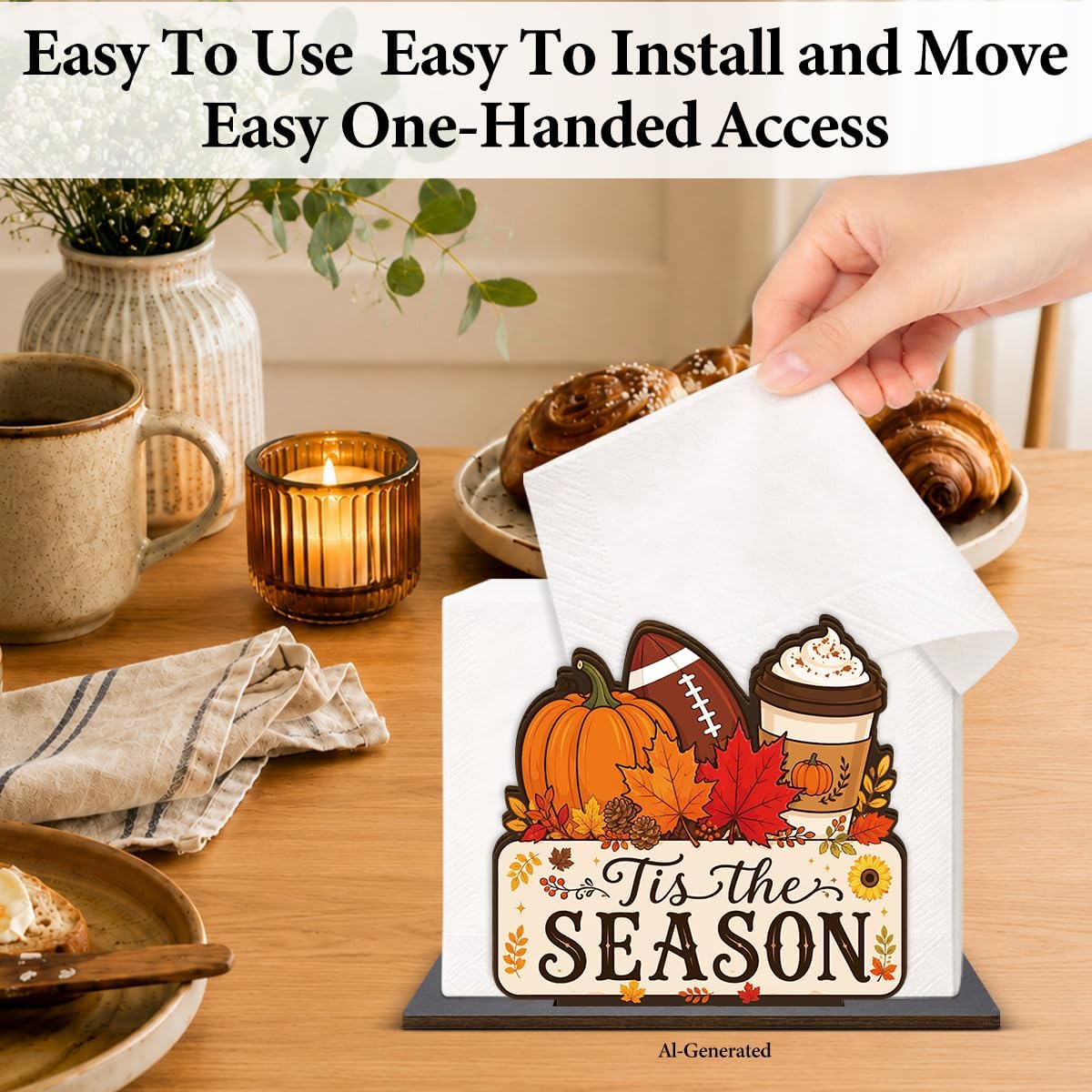 Fall Tis The Season Autumn Wooden Napkin Holder for Table, Fall Decor