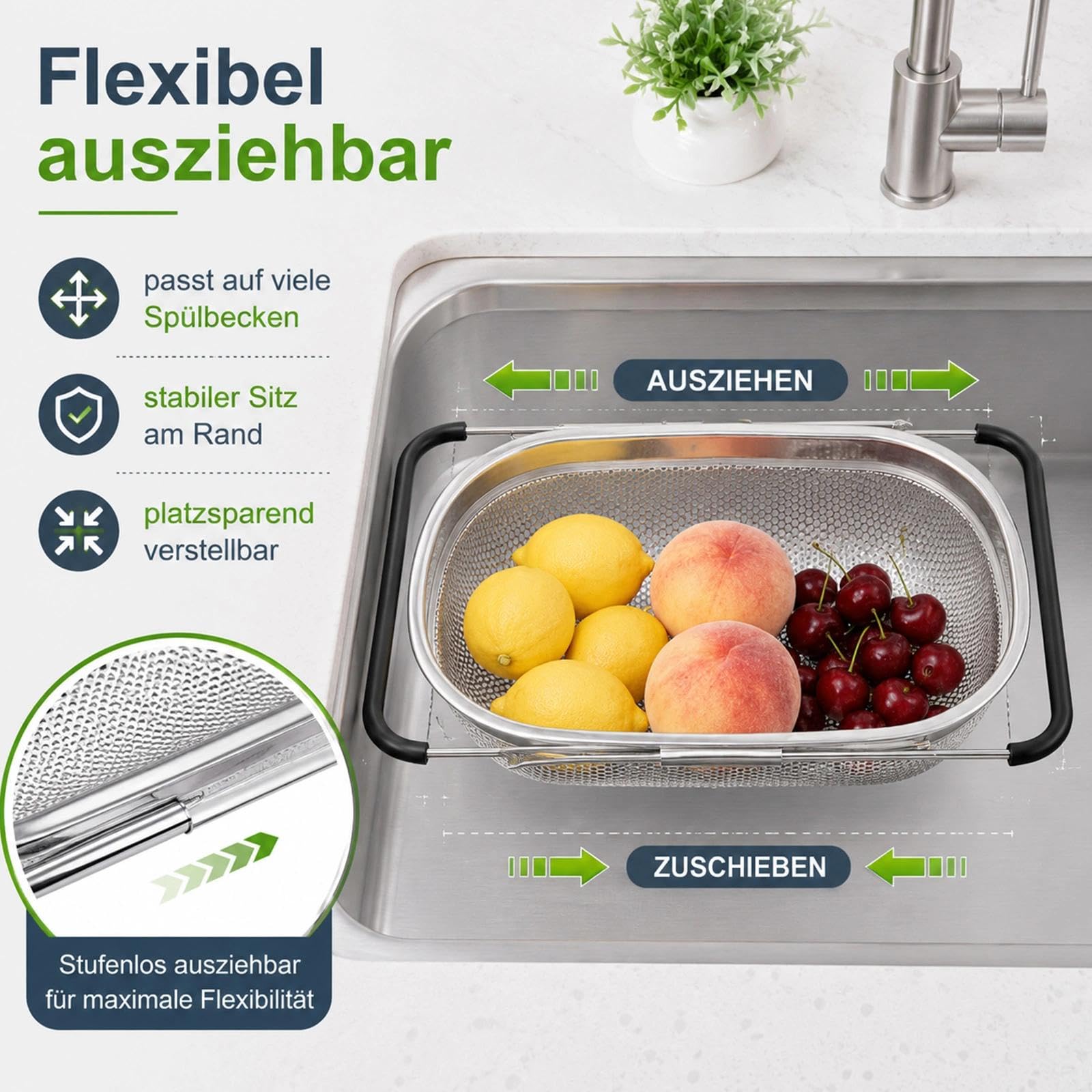 Colador de cocina extensible 27 x 18 x 11,5 cm (27 x 18 x 11,5 cm), colador de acero inoxidable para escurrir, lavar frutas y verduras