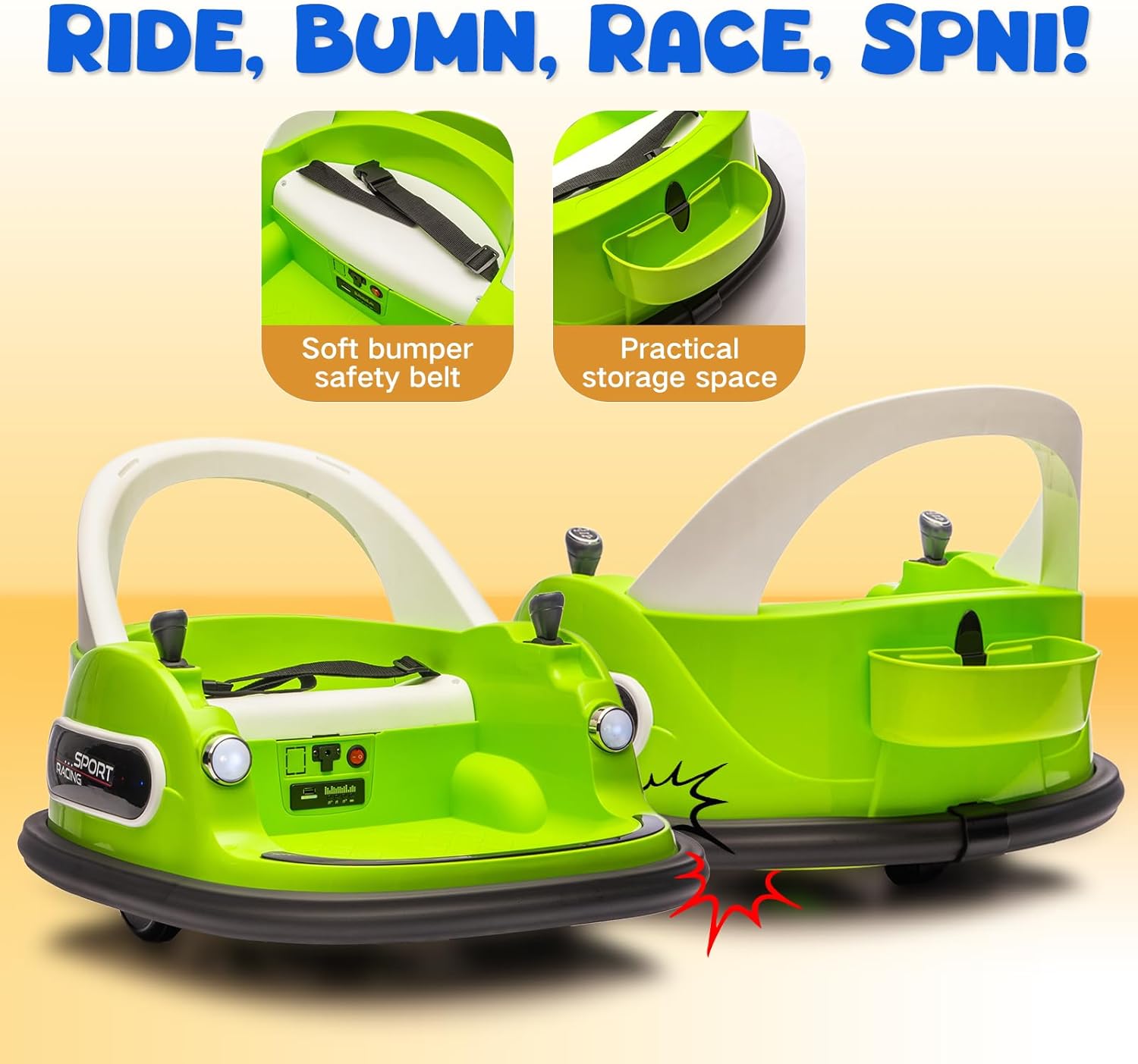 12V Ride On Bumper Car for Kids & Toddlers, Baby Riding Bumping Toy Car Gift with Remote Control, 360 Degree Spin and Safety Belt, Green
