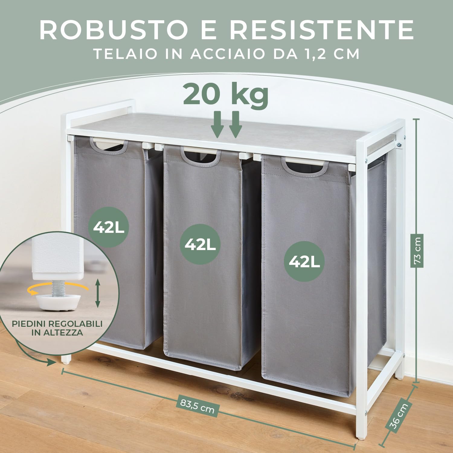 Blumtal cesto biancheria sporca 3 scomparti in grigio per organizzare - cesta portabiancheria design scomparti estraibili con ripiano superiore in materiale effetto cemento - struttura in metallo nero