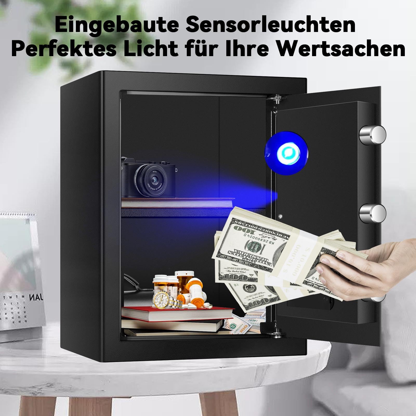 Digital Security Elektronischer Tresor mit LED-Beleuchtung, 60L Feuersicherer Safe für Zuhause, Büro, Hotel – Inklusive A4-Dokumentenbeutel und Wandmontage-Set (35x35x45cm)