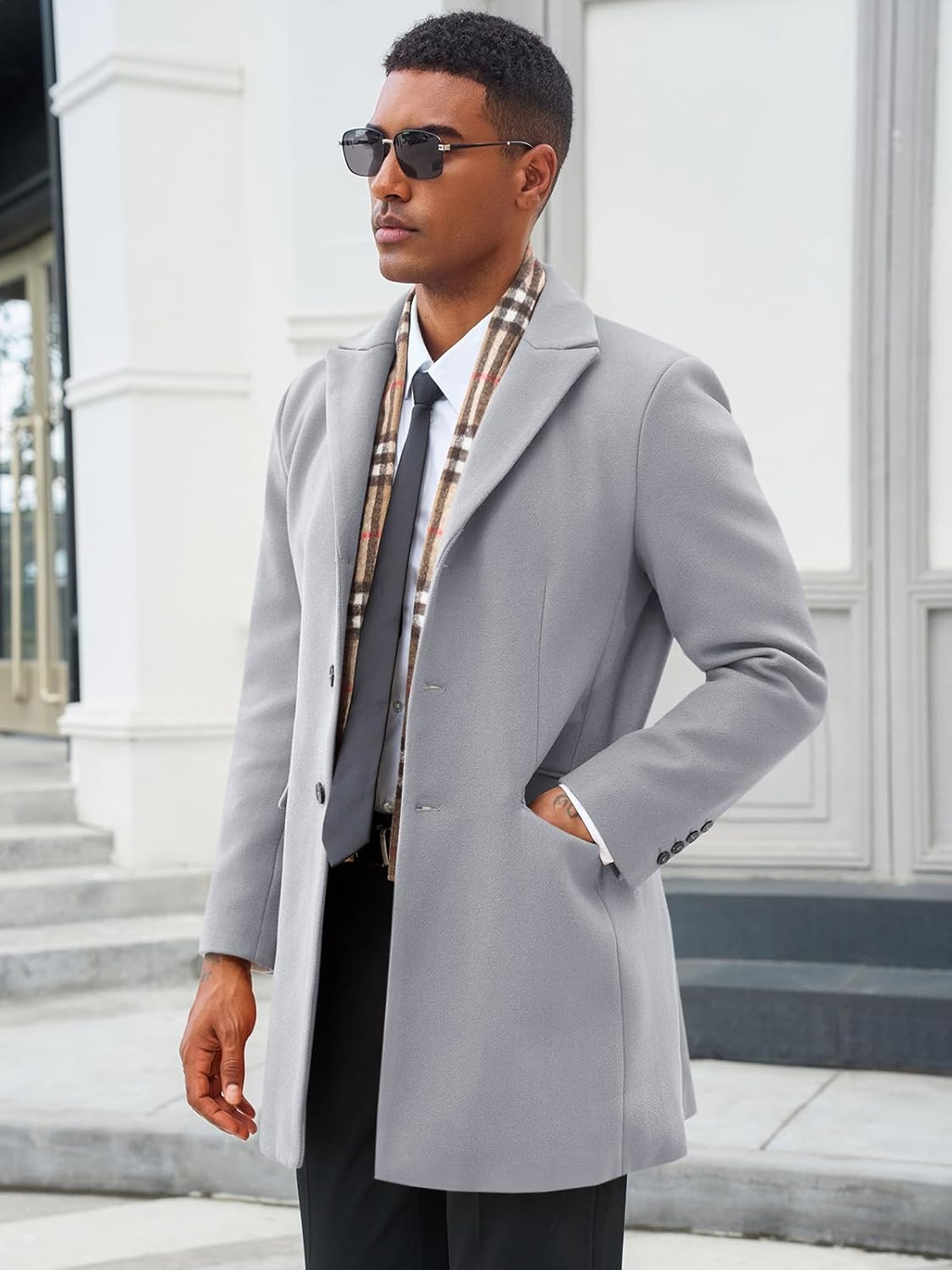 Runcati Men's Pea Coat with Detachable Plaid Scarfs Fall Single Breasted Wool Blend Trench Coat Winter Overcoat - Image 2