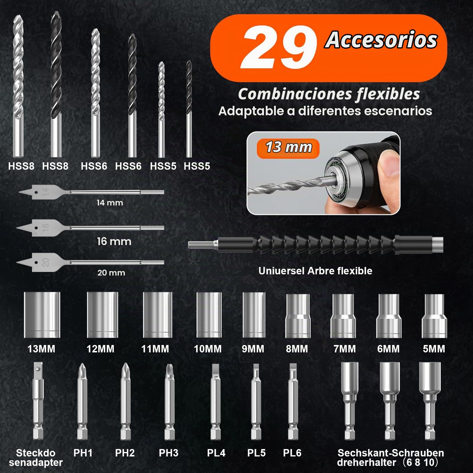 Taladro a Batería 21V, Kit Taladro Inalámbrico Con 2 Baterías, Motor Brushless 1200W 75Nm, 25+3 Niveles, Mandril 13mm, 2 Velocidades, Gran LED, 29 Accesorios Para Hogar & DIY de Jardín