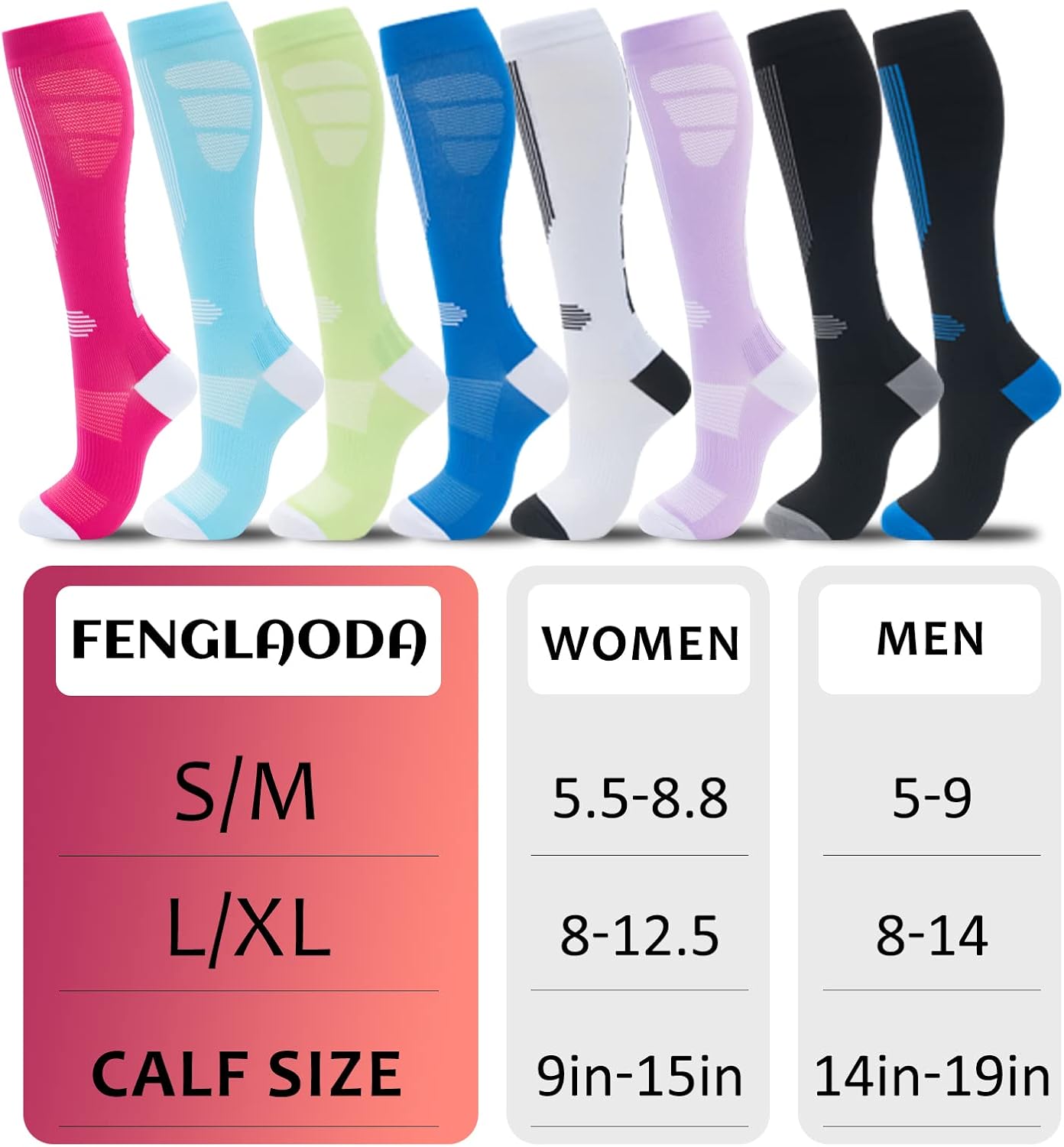 fenglaoda Compression Socks Women Men 6 Pairs, Knee High Best Support Circulation Socks for Running, Travel, Flight, Nurse - Image 2