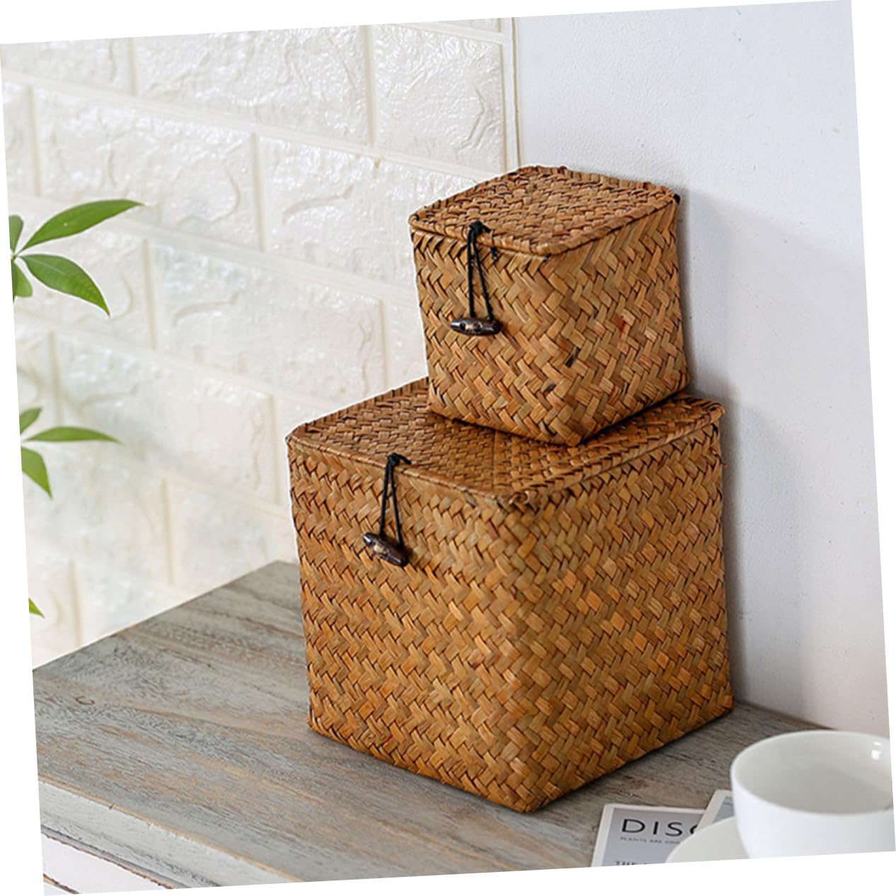 SOIMISS 3 pezzi Cesti Intrecciati in Paglia Naturale con Coperchio Contenitori Compatti e Resistenti per Frutta e Organizzazione Desktop per Casa e Regalo