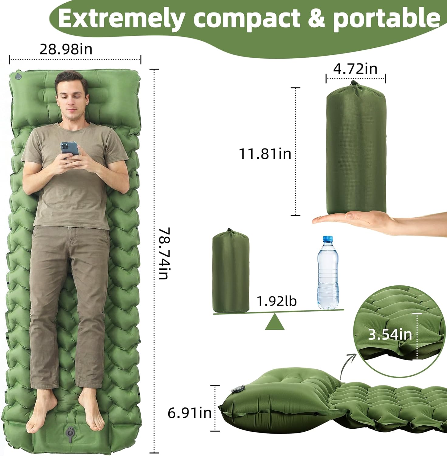 Camping Sleeping Pad, Extra-Thick Camping Mattress with Pillow, Built-in Foot Pump 3.56" Ultralight Inflatable Sleeping Pads for Camping Hiking Backpacking Traveling Tent, Green, Single