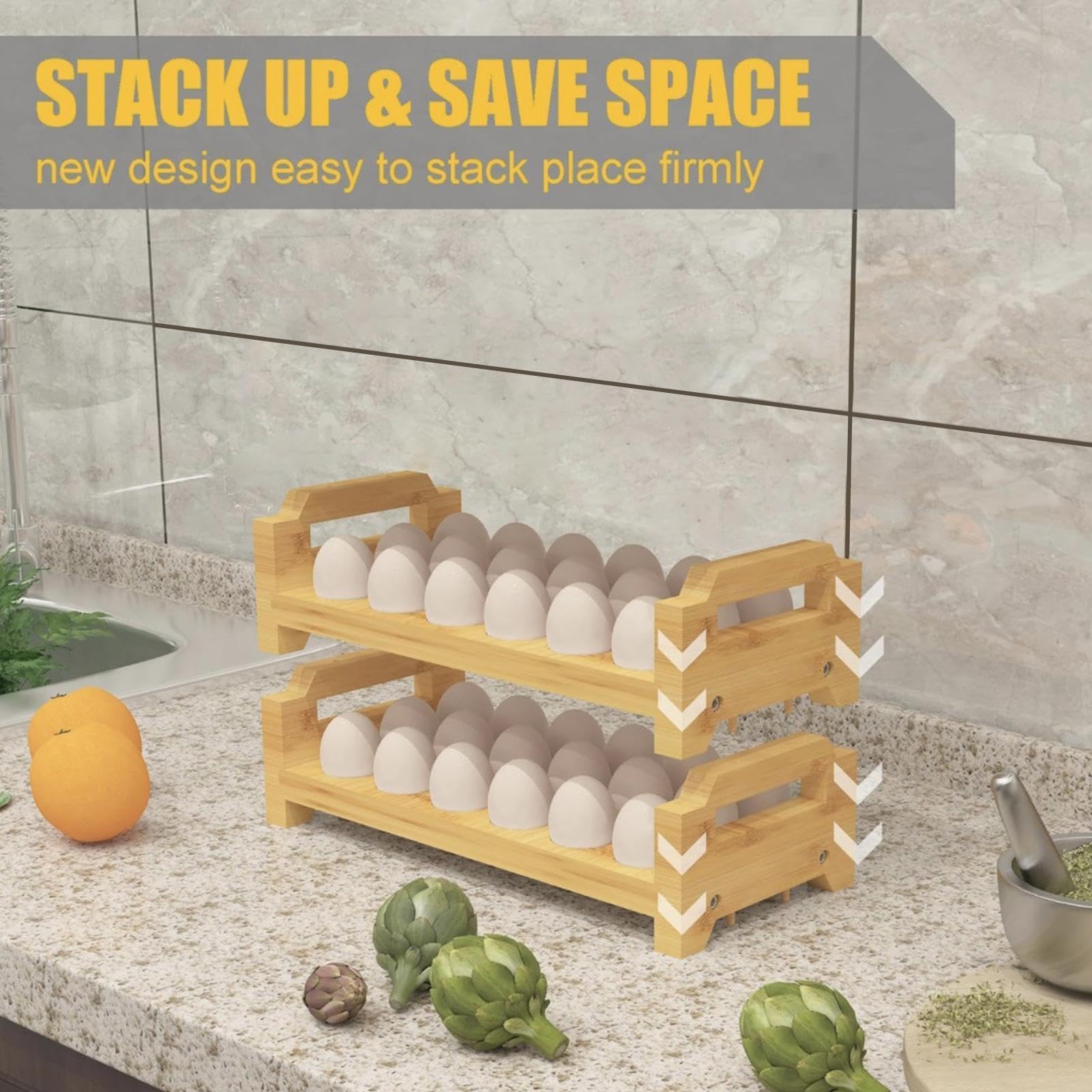 Soporte para huevos de madera, organizador de mostrador de dos niveles | estante de cocina apilable, soporte duradero para granja, ideal para exhibir huevos de gallina y pato en la encimera y la