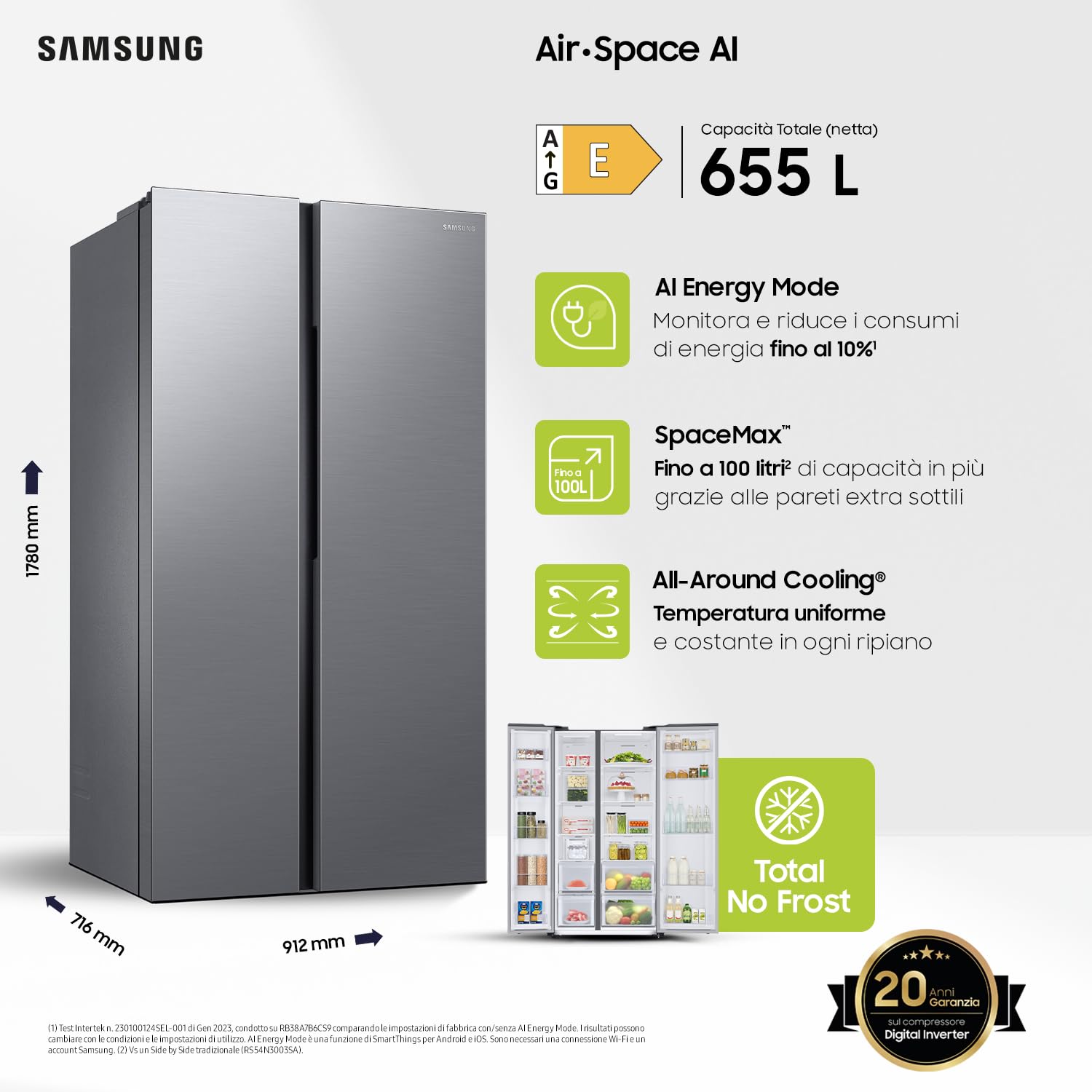 Samsung Frigorifero Side by Side RS62DG5003S9, Wifi, 655 L, Metal Inox (Ricondizionato)