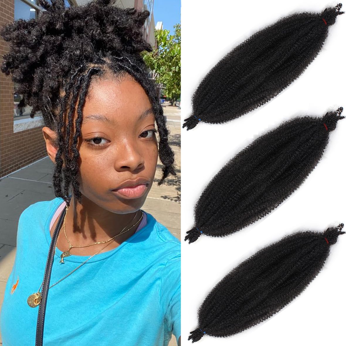Leeven 8 Inch Springy Twist Hair for Afro Marley Locs 3 Packs Afro Kinky Curly Marley Braiding Hair Extensions Pre Separated Marley Braiding Hair for Distressed Locs /1B#