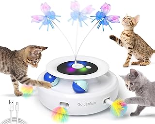 GoldenSun Cat Toy, 3 in 1 Electric Interactive Automatic Toy for Cats, Whack-A-Mole, Fluttering Butterfly, Includes Ball, USB Rechargeable Cat Teaser with 6 Attachments product image