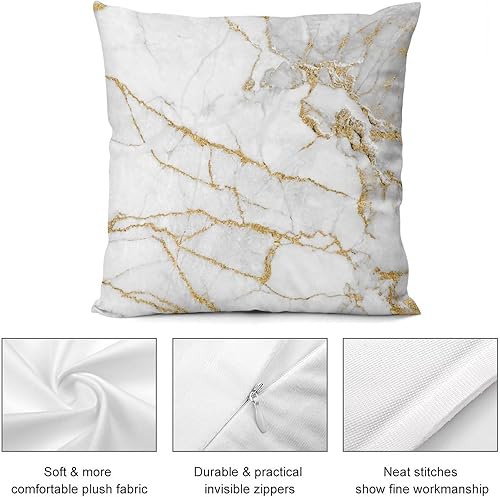 Miniatura 8 de Juego de 4 fundas de almohada decorativas de poliéster, textura de mármol blanco dorado de 18 x 18 pulgadas, para sofá