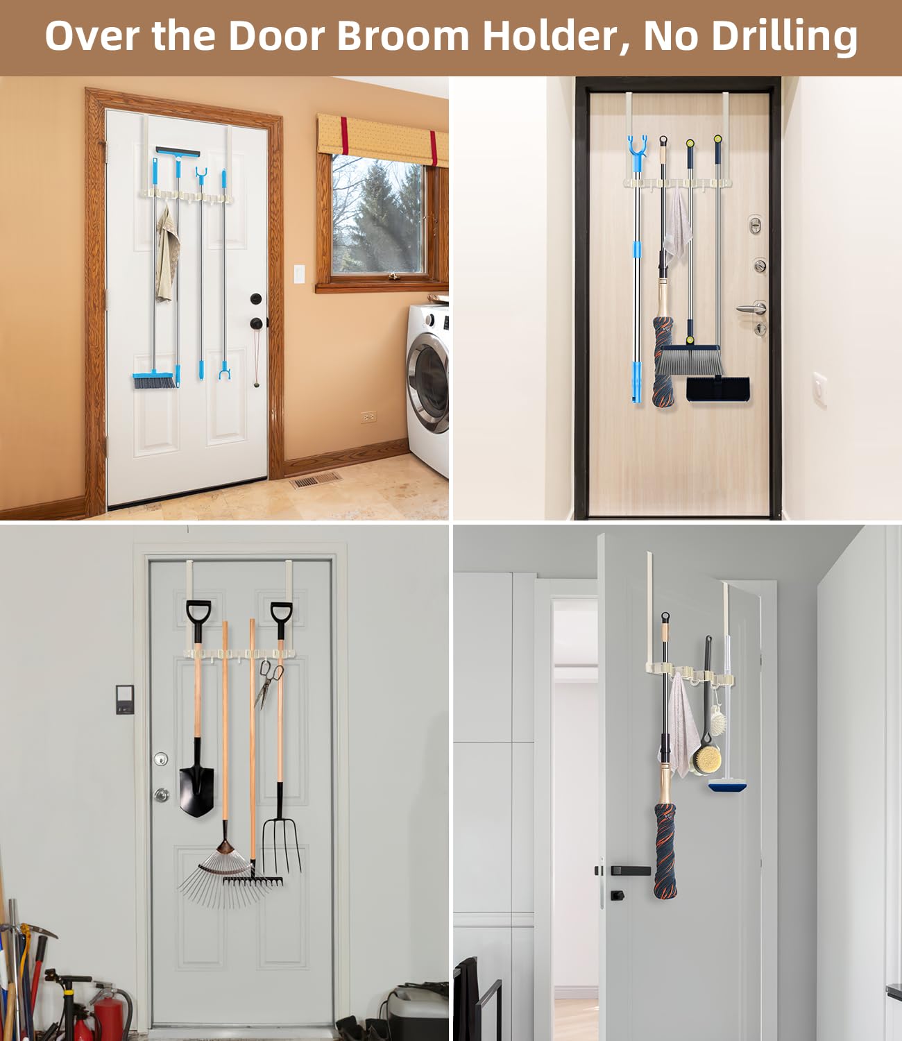 Soporte de escoba sobre la puerta - Soporte de escoba de acero inoxidable 304 montado en la pared o para colgar sobre la puerta con ganchos - Colgador de escobas, organizador de herramientas de 9