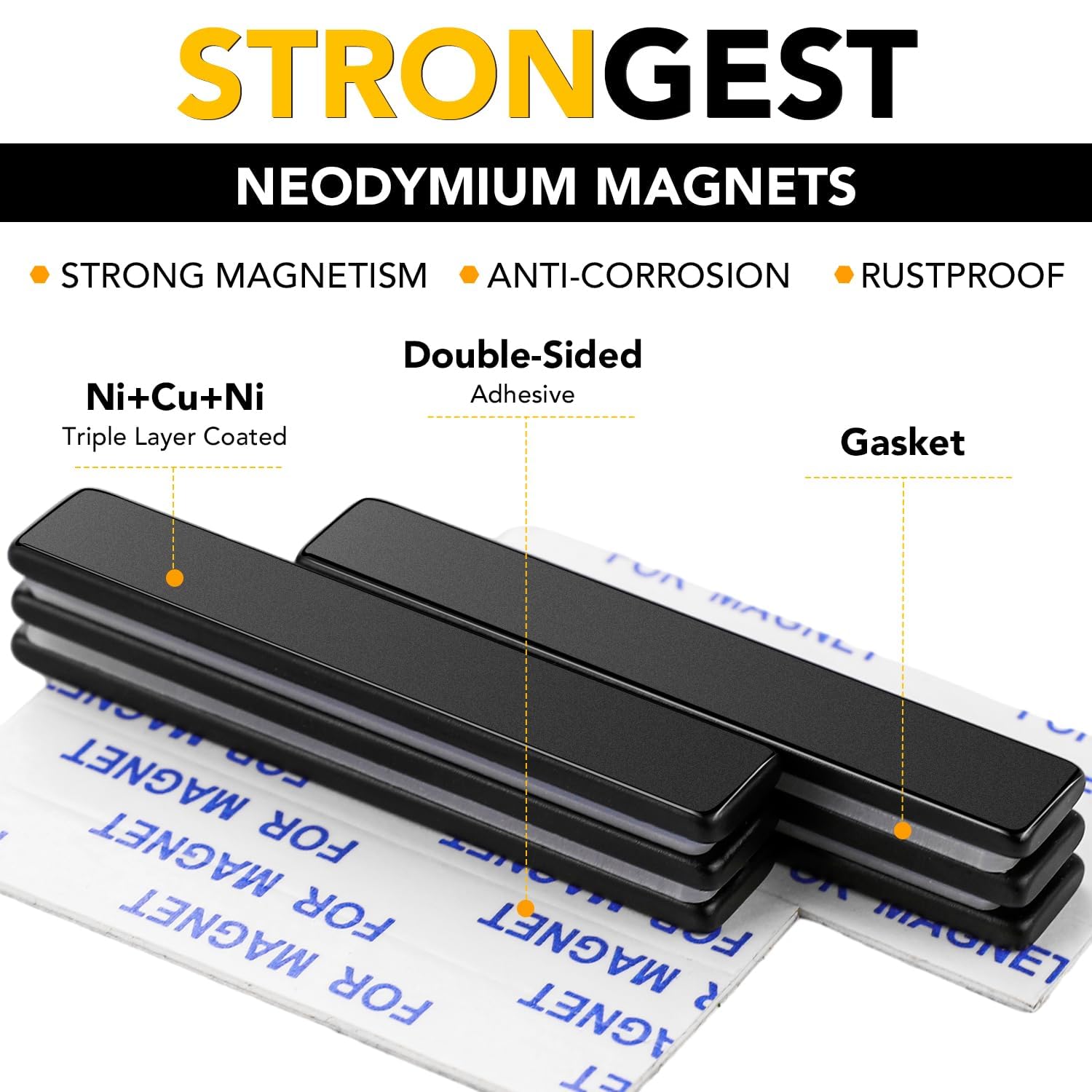 DIYMAG Neodymium Magnets, 60 Pack Strong Magnetic Bar with Double-Sided Adhensive Backing Heave Duty Rare Earth Magnet for Fridge, Classroom, Science and Craft - 2.36 x 0.39 x 0.12 in Black