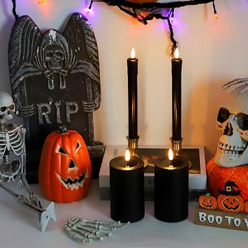 Lezonic Halloween Black Flameless Candles with Remote, Battery Operated Real Wax with Dripping Effect, Flickering LED Candles for Fireplace, Shelf, Centerpiece, Set of 4 (9.5 Taper & 5 Pillar