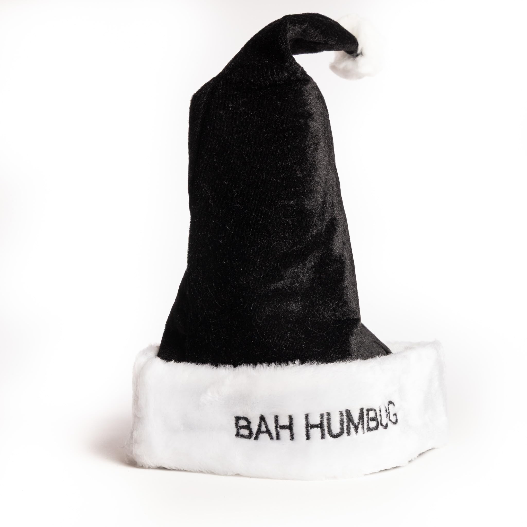 evelay Bah Humbug Black Santa Hat for Adults | Funny Christmas Accessory with White Trim & Pom Pom | Novelty Festive Costume Piece | “Bah Humbug” Embroidered Design