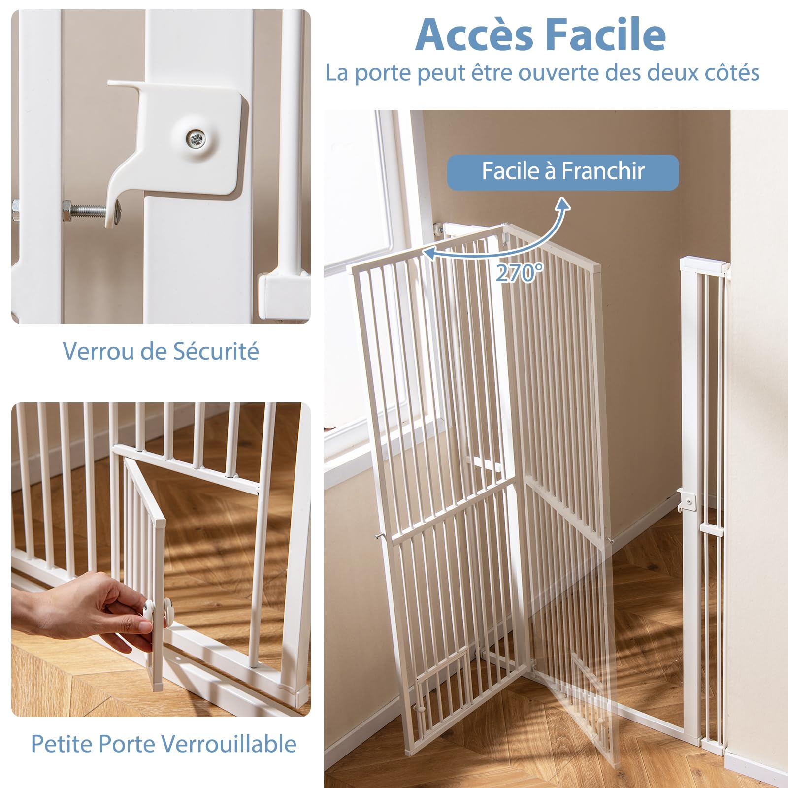 COSTWAY Barriere de Securite Chien, Barrière Chien Chat en Métal, Ouverture 77-104 cm, 2 Extensions, Porte Verrouillable, Barriere sans Perçage pour Porte Cuisine, Pression/Matériel Monté (150 cm)