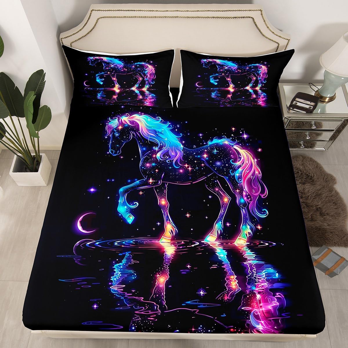 Erosebridal Magical Horse Full Bed Sheets Galaxy Horse Bedding Set for Kids Boys Girls Bedroom,Star Moon Decor Fitted Sheet,Fantasy Animal Fitted Bed Sheet Blue Purple 2 Pillow Cases