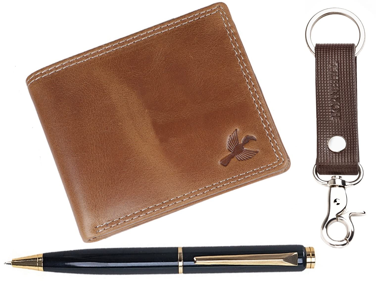 HORNBULL Stella Tan Crunch Leather Wallets for Men, Keyring & Pen Combo Gift Set for Men | Wallet Men Leather Branded