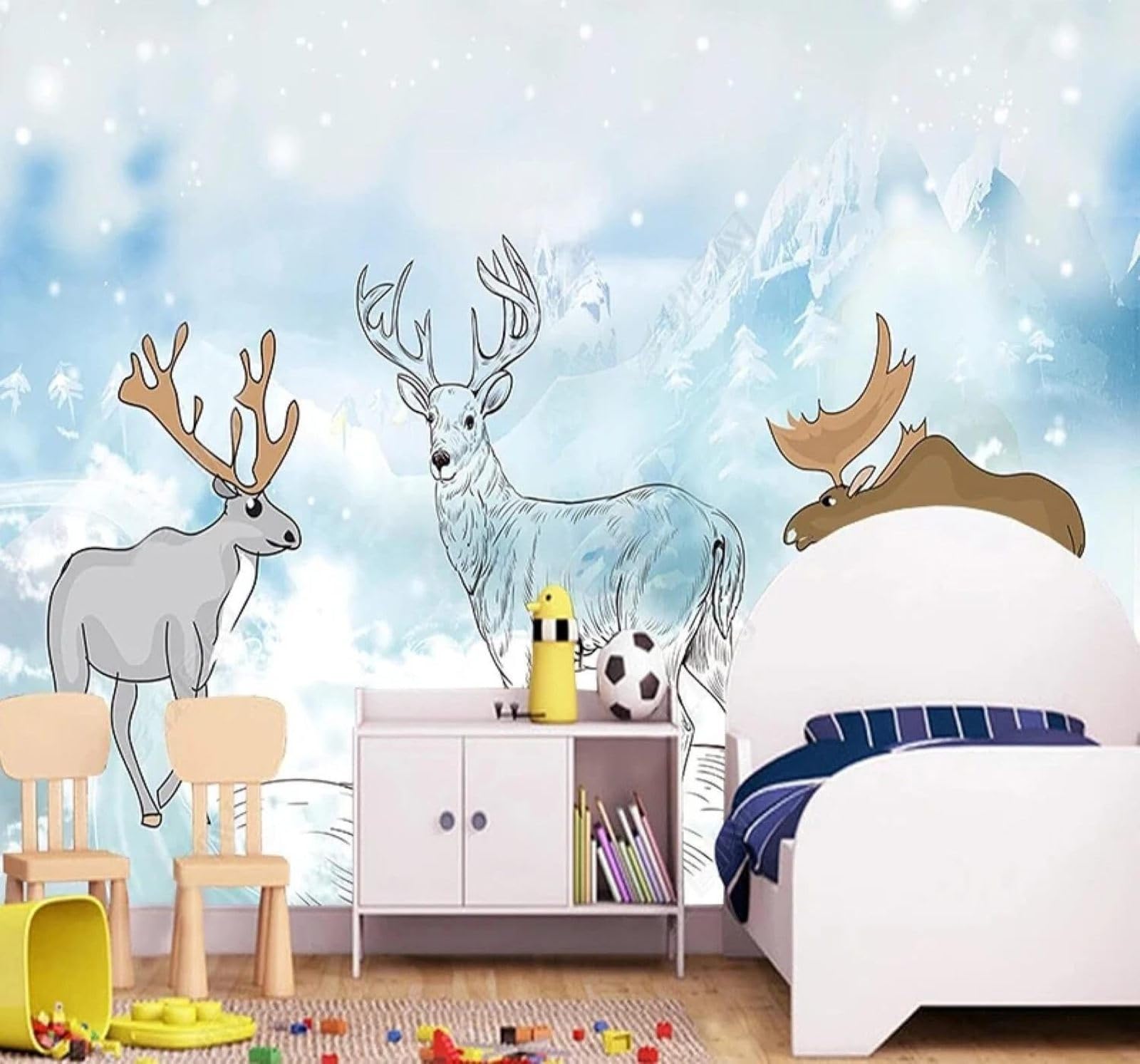 XLMING Hand Drawn Animals Moose Snowflakes Snow Capped Mountains 3D Wallpaper Luxury Home Dining Decor Paste Sofa Living Room The Wall for Bedroom Mural-350cm×256cm