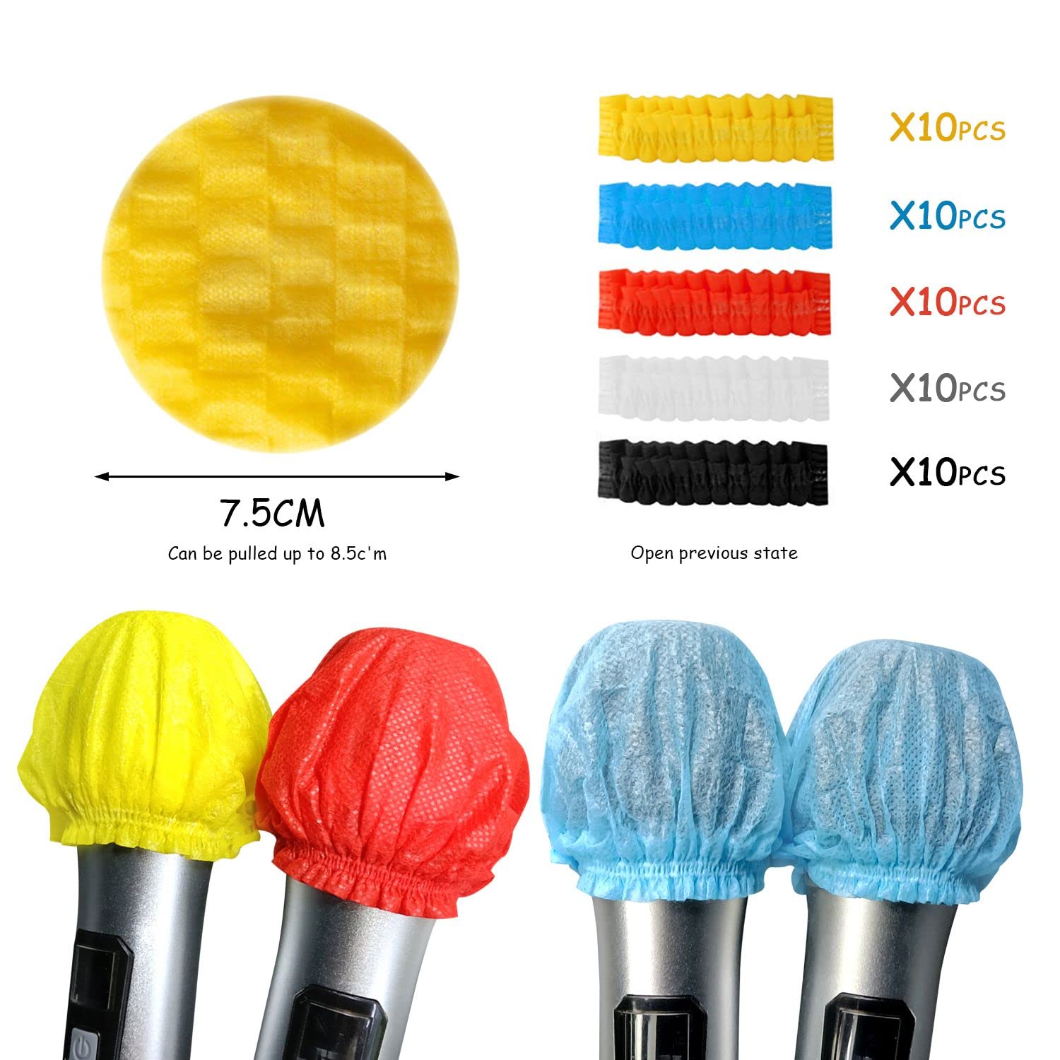 50 housses de microphone hygiéniques jetables en tissu non tissé, adaptées à la plupart des microphones portables pour karaoké, concert, enregistrement de karaoké (5 couleurs, 10 de chaque couleur)