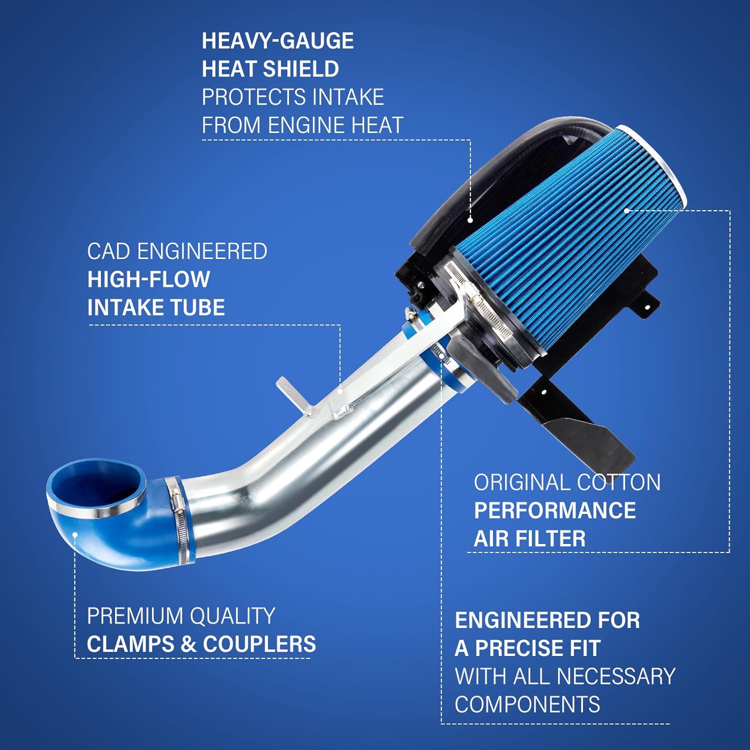 4" Cold Air Tube with Air Filter System +Heat Shield Compatible with 1999-2006 GMC/Chevy V8 4.8 5.3 6.0L, Blue