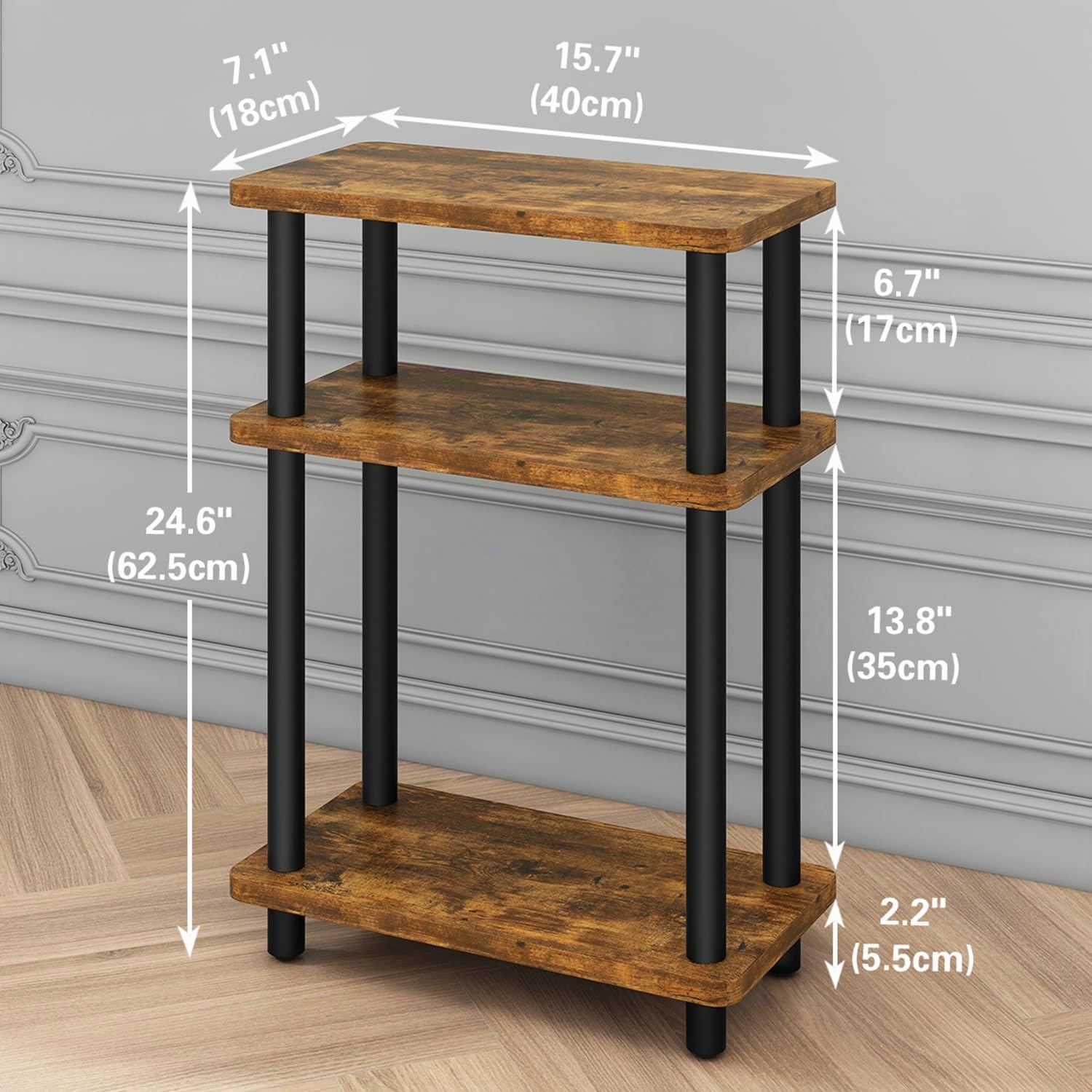 IBUYKE Tavolino da Salotto con 3 Ripiani,Tavolino Divano,Marrone WST009H | 40 x 18 x 62.5 cm,Comodino Sottile per Soggiorno,Camera da Letto, Ufficio, Montaggio Senza Attrezzi