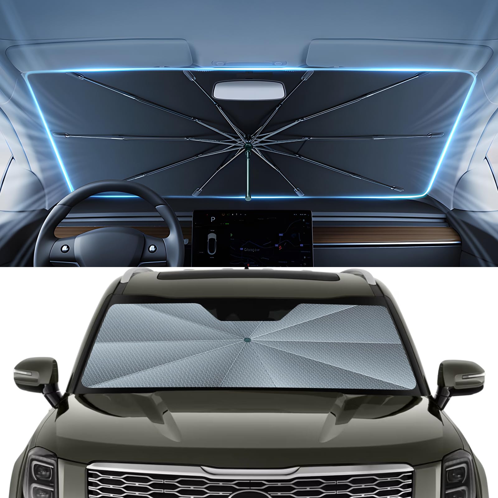 Autorder Umbrella Windshield Sun Shade for 2020-2026 Kia Telluride Sunshade Accessories,Upgraded Ice Crystal Material, Windshield Umbrella Front Window Sunshade, Foldable Block UV Rays Keep Car Cool