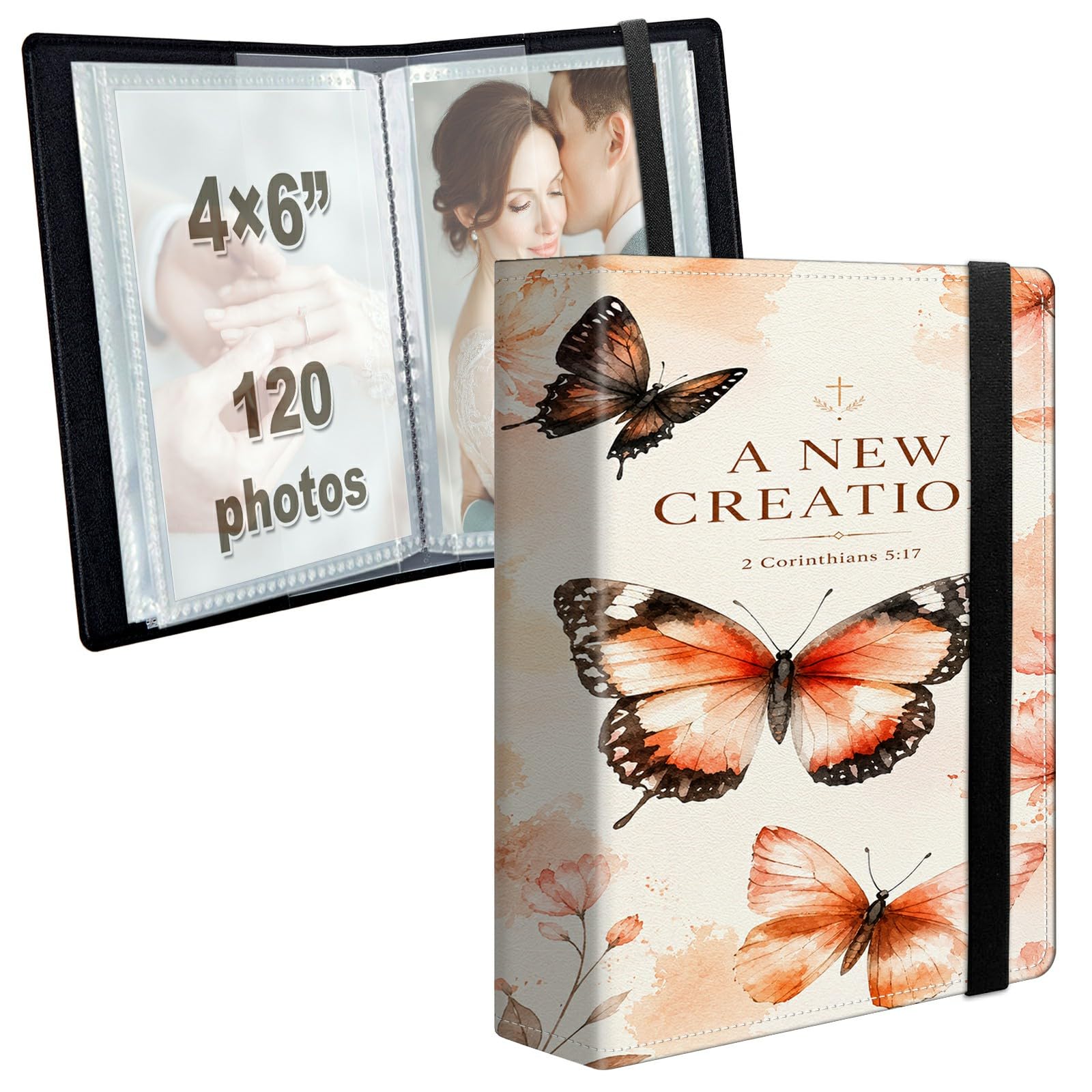 Photo Album 4x6 120 Photos with Strong Elastic Band, Faith Butterfly