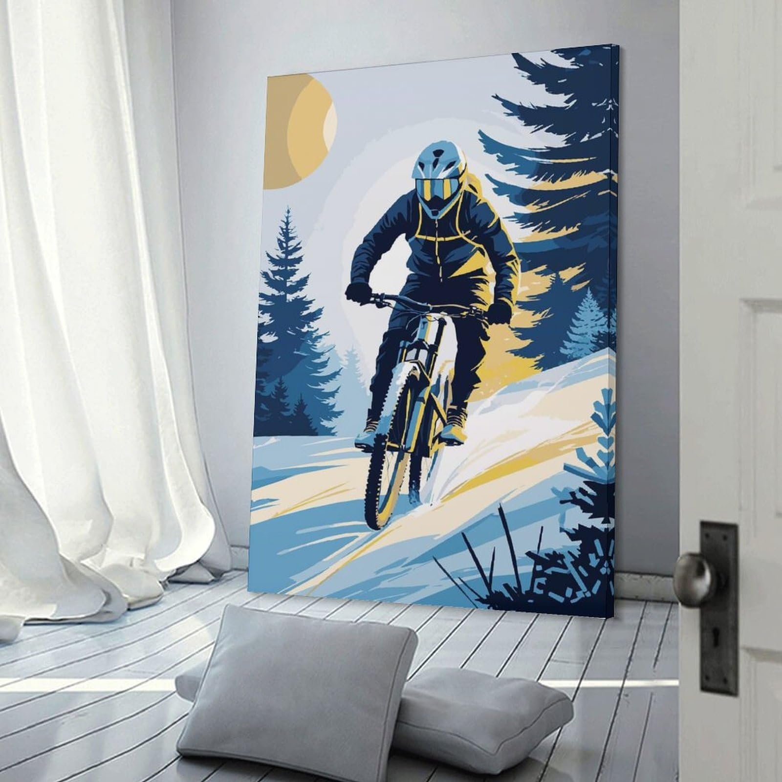 Junmoney Mountain Biker in Winter Landscape Wall Art Print 20x30inch(50x75cm), for Hallway, Entryway Or Landing, Wall Decor to Refresh Empty Corners, for Cosy Room Updates