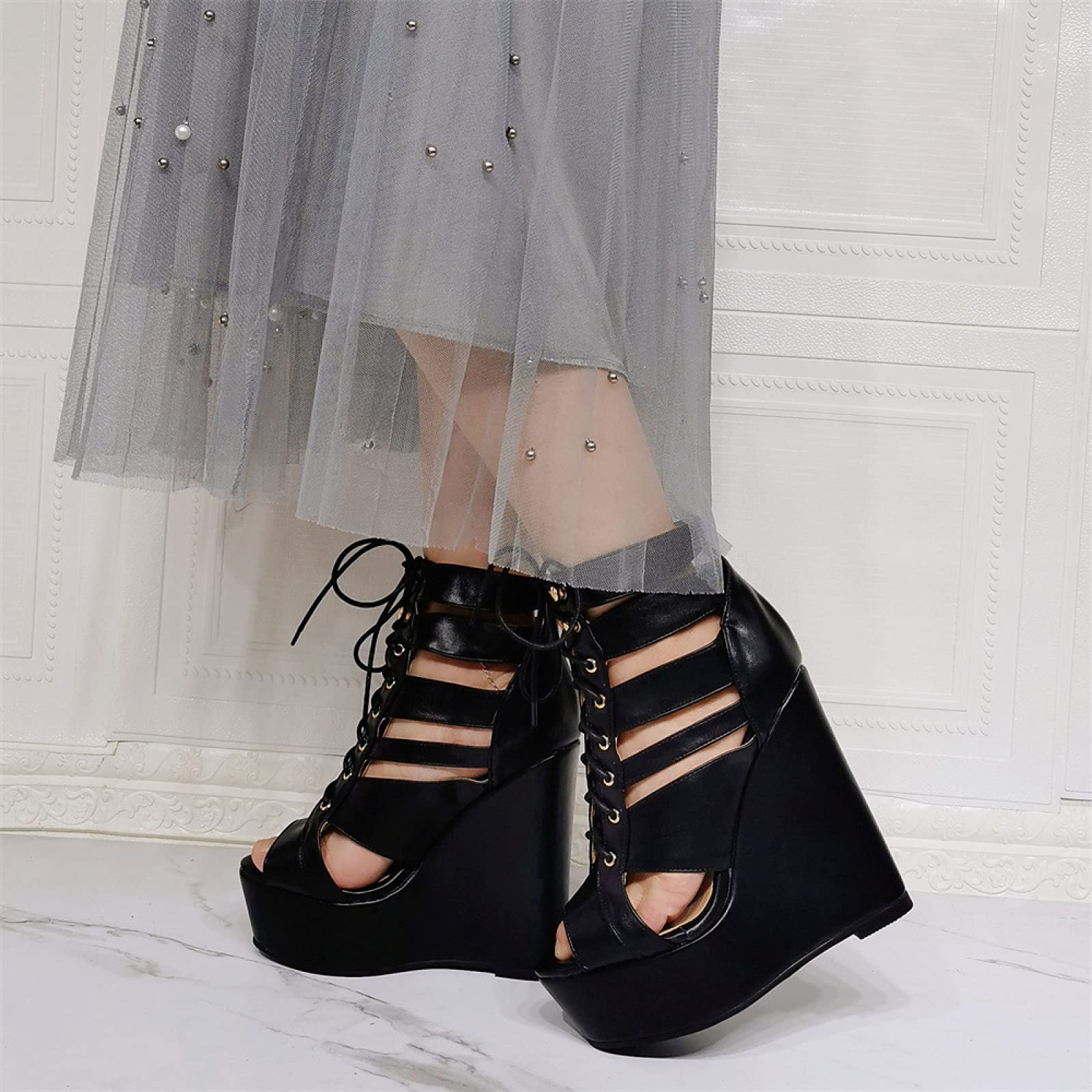 Sandali con Zeppa di Grandi Dimensioni da 15 cm in Pizzo con Tacco Alto Sexy 36-52, Black-44
