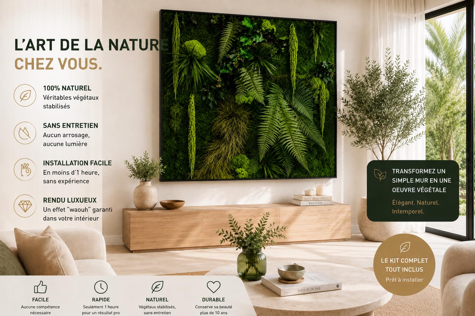 Mur Végétal stabilisé Intérieur JUNGLE Personnalisable - Kit DIY Facile avec Plantes Stabilisées Naturelles Sans Entretien - Décoration Murale Durable et Unique pour Salon, Bureau - Fabriqué en France