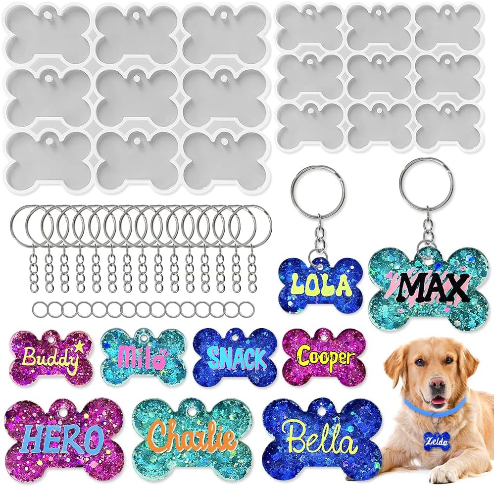 ResinWorld Dog Bone Silicone Molds Set: 2" & 1.5" Pet Tag Molds with 15 Key Rings & Jump Rings for Resin Casting