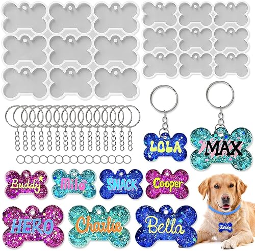 ResinWorld Juego de moldes de silicona de hueso de perro de 2 y 1.5 pulgadas con 15 llaveros y 15 anillos de salto, molde de etiqueta para mascotas