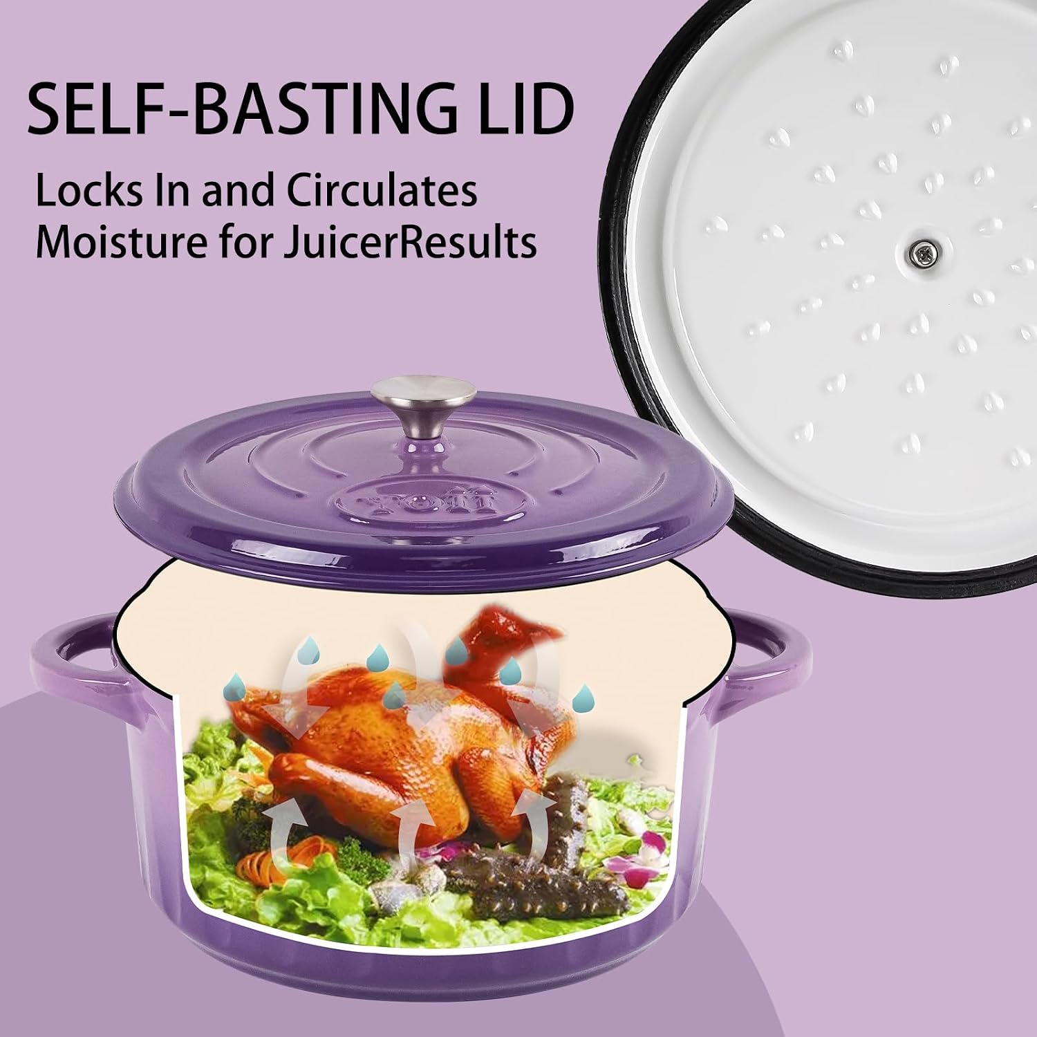 6 QT Enameled Dutch Oven Pot with Lid-Dual Handles-Oven Safe up to 500° F or on Stovetop Use to Marinate, Cook, Bake, Refrigerate and Serve-Purple Dutch Oven 6 Quart