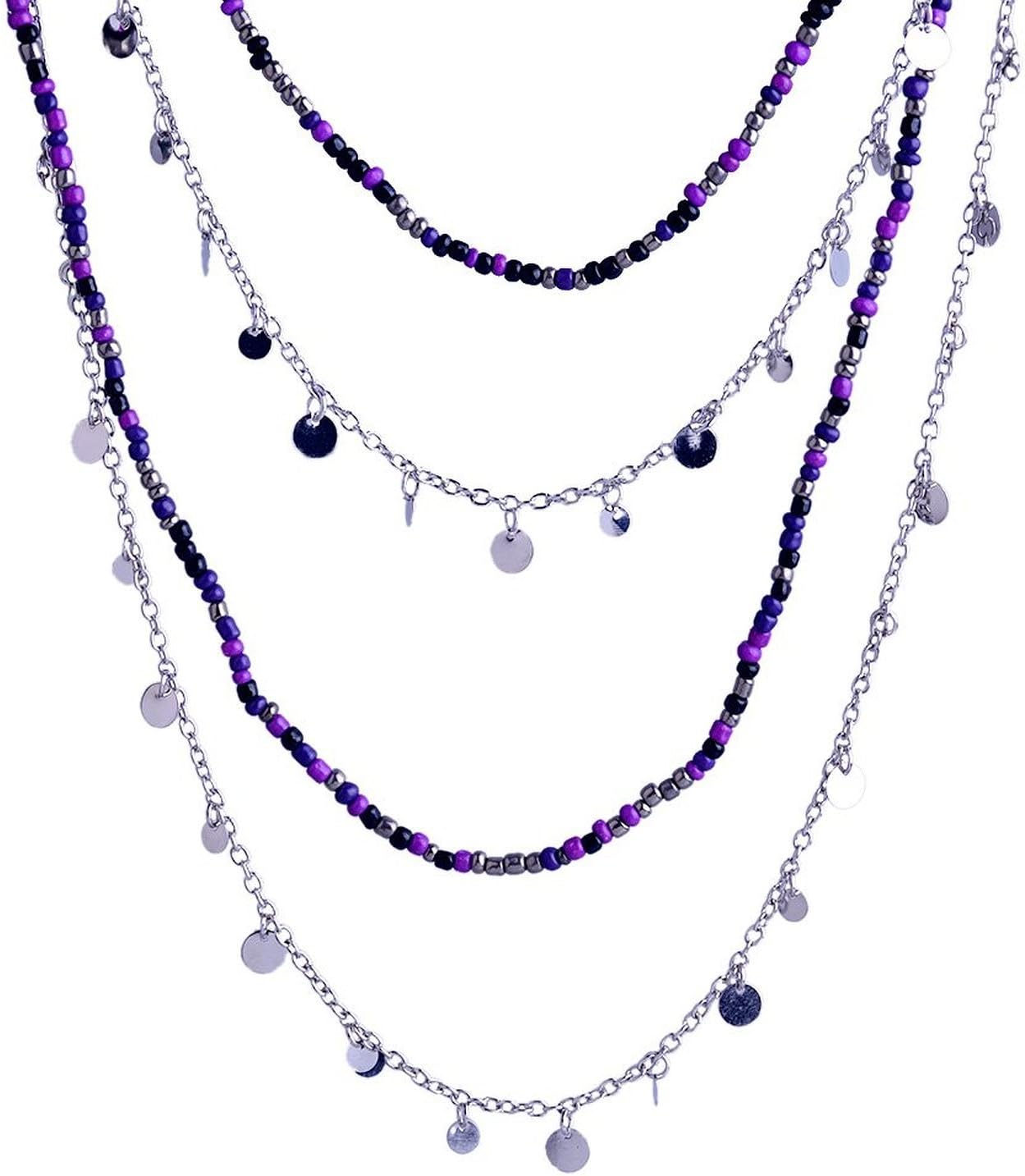 LUREME Multi Strand Slim Silver Chain Purple Blue Black Bead Long Charm Necklace for Women 01001429-1