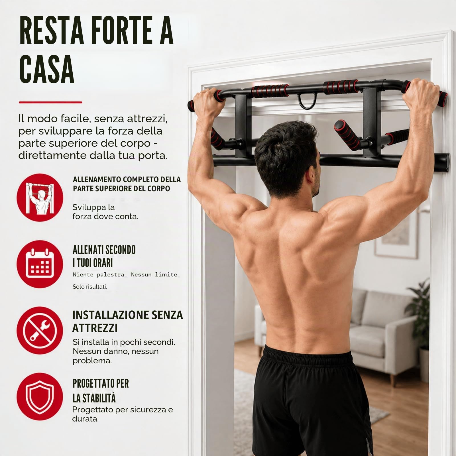 Barra per Trazioni da Porta Senza Installazione, Pull Up Bar | 8 Impugnature Regolabile, Sbarra Trazioni Palestra in Casa (59-92cm)