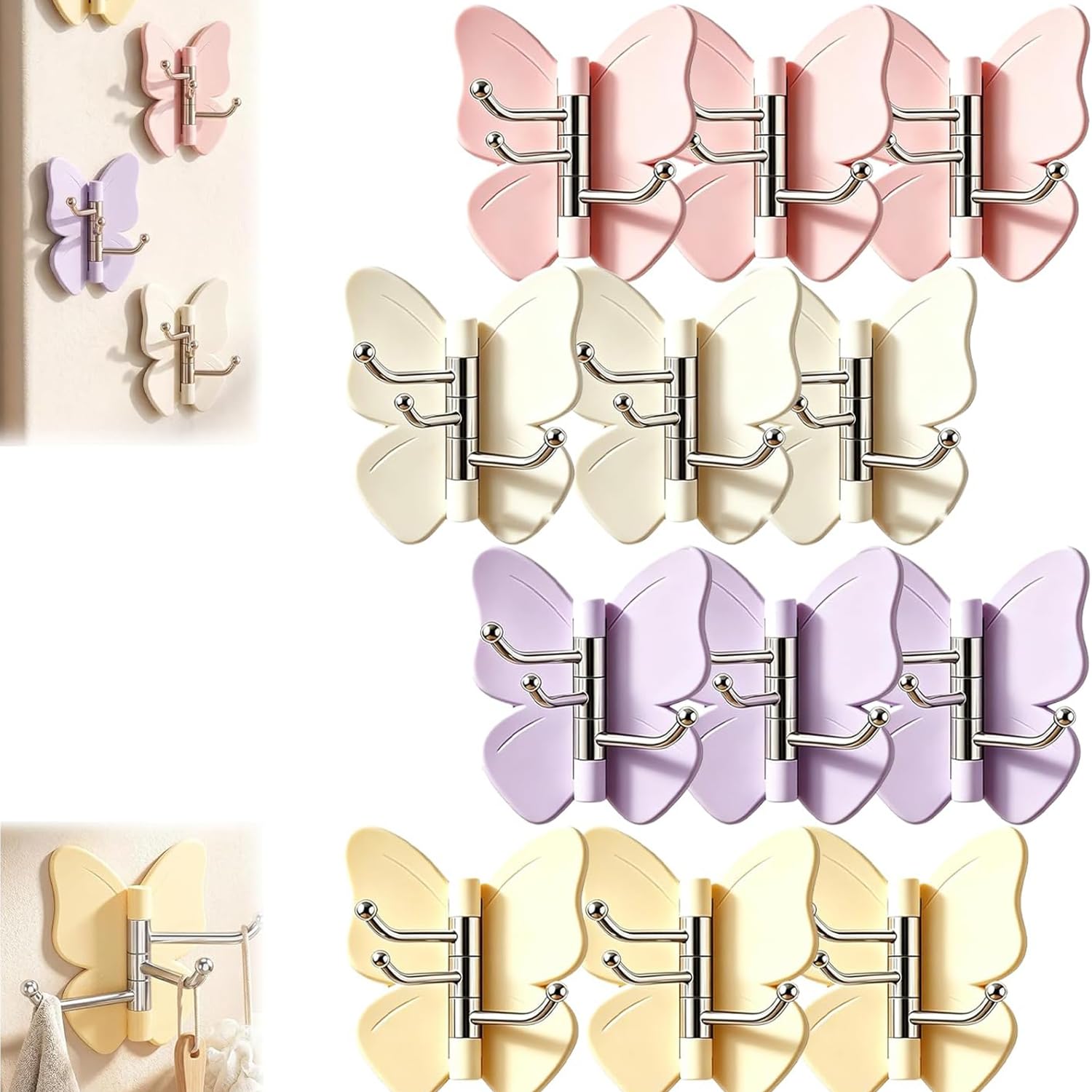 4 Pack Rotating Butterfly Adhesive Wall Hooks, No-Damage No-Drill (12pcs)
