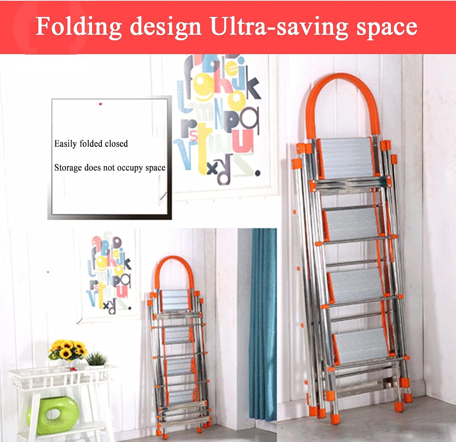 Clothes Airer Multifunctional Stainless Steel 4-Step Folding Household Ladder Drying Rack Indoor Laundry Dryer with Non-Slip Foot Cover Free of Installation, Orange