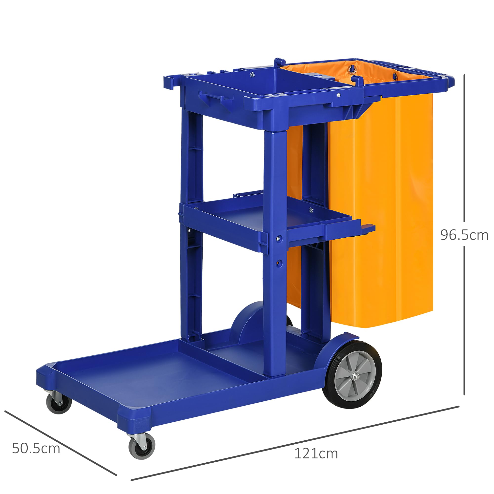 HOMCOM Chariot de nettoyage professionnel avec 3 étagères avec crochets pour balai et sac de 100L, Chariot à roulettes en plastique polyvalent pour l'hôtel, l'hôtellerie et la restauration,