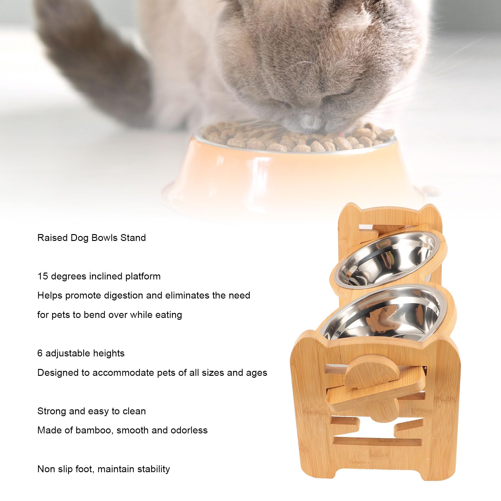 TYTOGE Raised Dog Bowls Stand 15 Degree Tilted Anti Slip Adjustable Dog Dish with 2 Stainless Steel Bowls for Dogs Cats