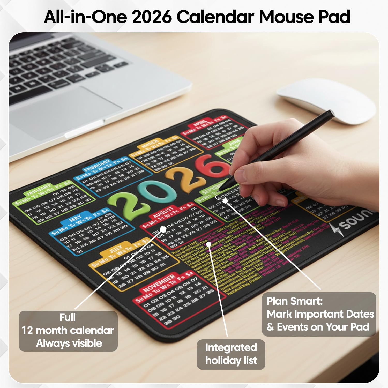 Sounce Mouse Pad 9.6x7.9x0.1 inch, Ultra-Smooth Tracking Surface for PC & Laptop, Durable Stitched Edges, Non-Slip Rubber Base, Washable Computer Mat, Anti-Fraying Design (2026 Calendar) Black 4