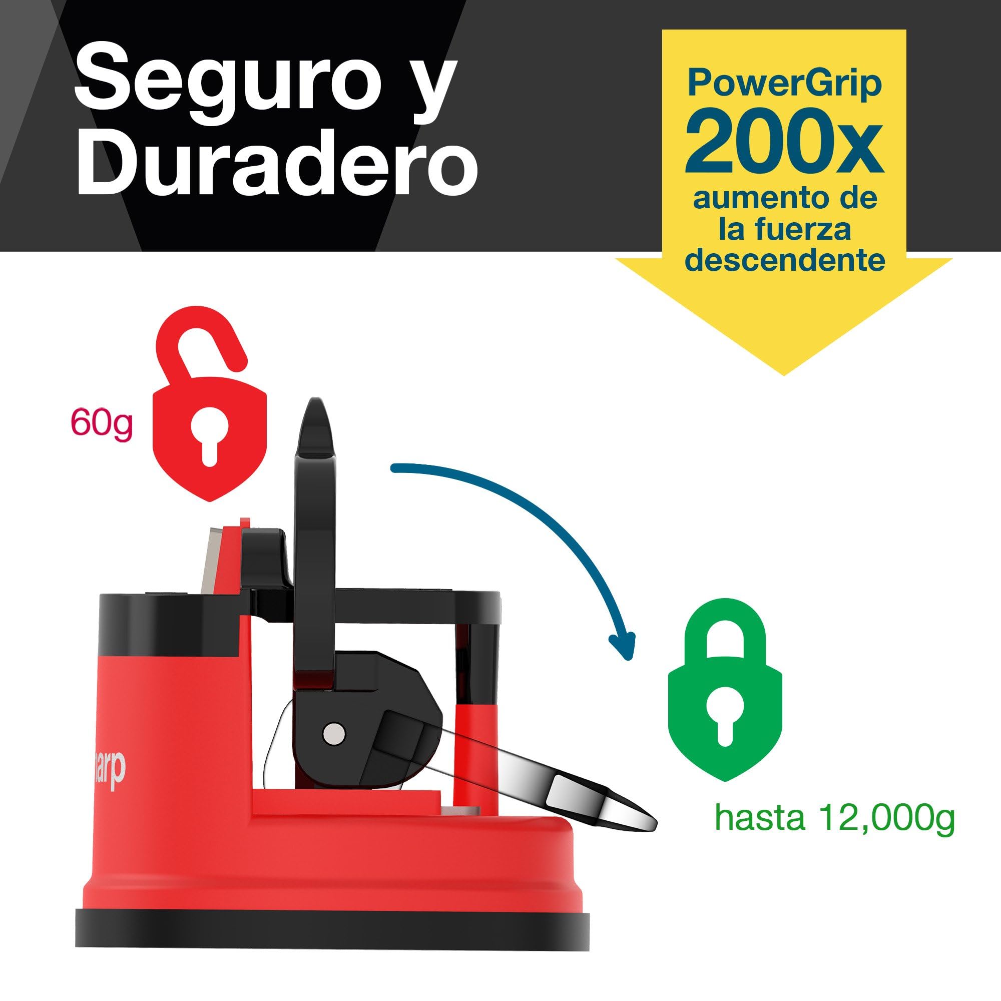AnySharp Afilador de Cuchillos, Seguridad sin Manos, Ventosa, Afila con Seguridad Todos los Cuchillos de Cocina, Ideal para Acero Endurecido y Dentados, El Mejor del Mundo, Compacto, Rojo