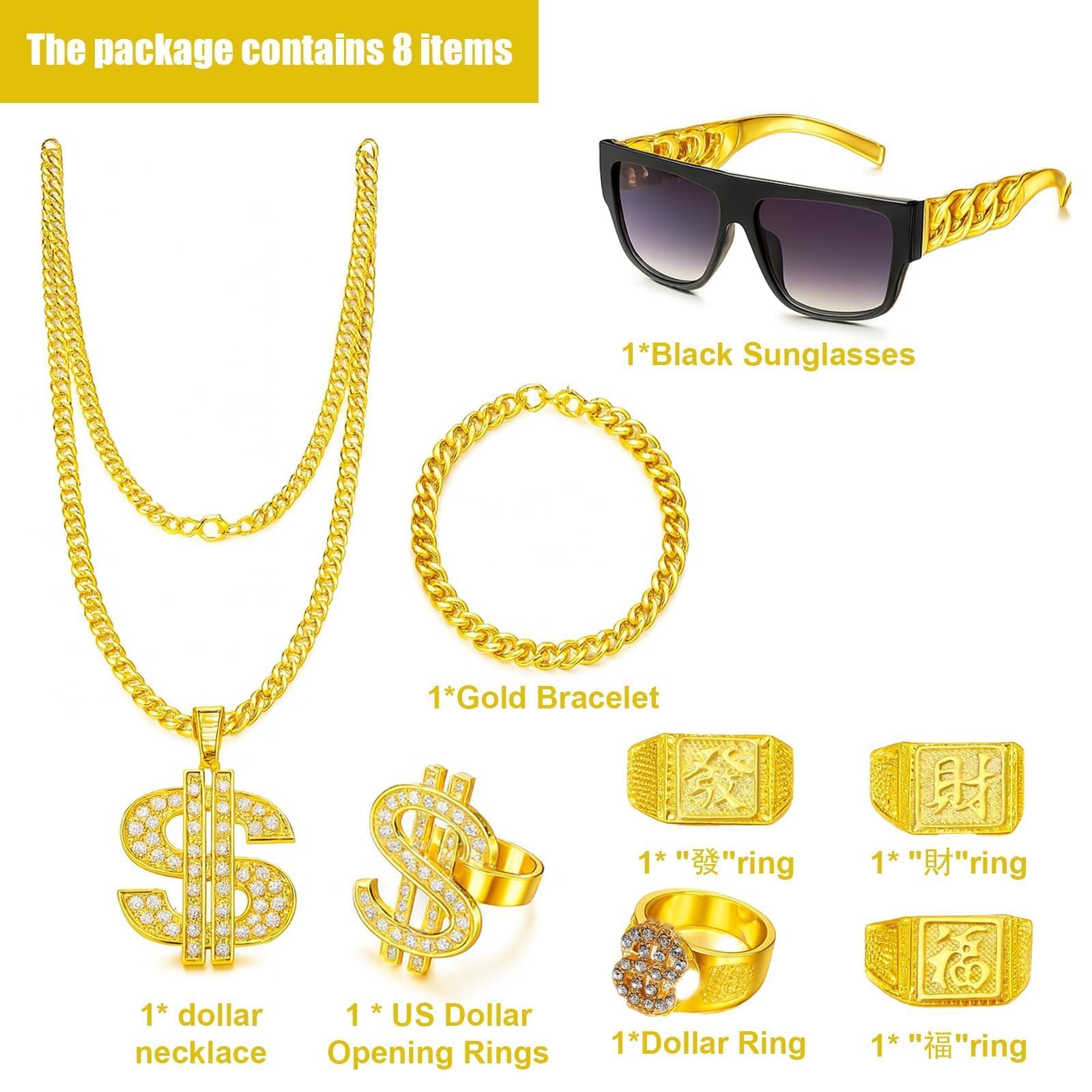 YFHUVB 8Pcs Hip Hop Party Decorations, Fake Gold Chain, Fake Gold Dollar Necklace Accessories, Hip Hop Ring, Hippie Glasses - Image 2