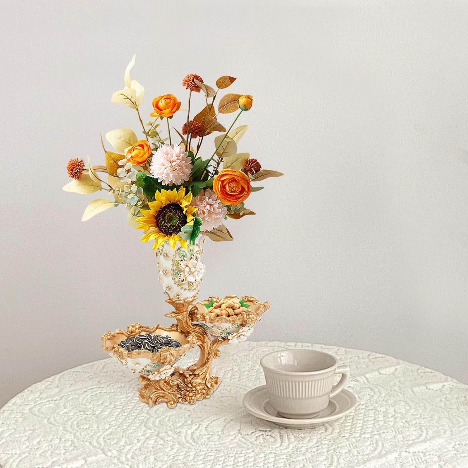 Vaso in resina con vassoio per frutta a 2 ripiani, vassoio per frutta floreale con 6 fiori artificiali, centrotavola per casa, soggiorno, sala da pranzo, hotel