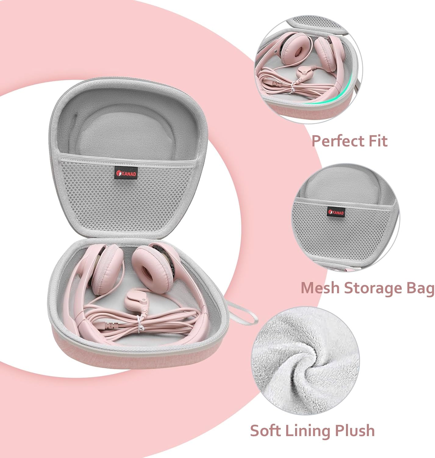 XANAD Hard Case for Logitech H390, H430, H570e, Zone 300, Zone 301 or JLab Go Work, JIAMQISHI, EAGLEND, FEABASK Wired Headset Stereo Headphones with Noise Cancelling Mic Headphones - Pink+Grey - Image 2